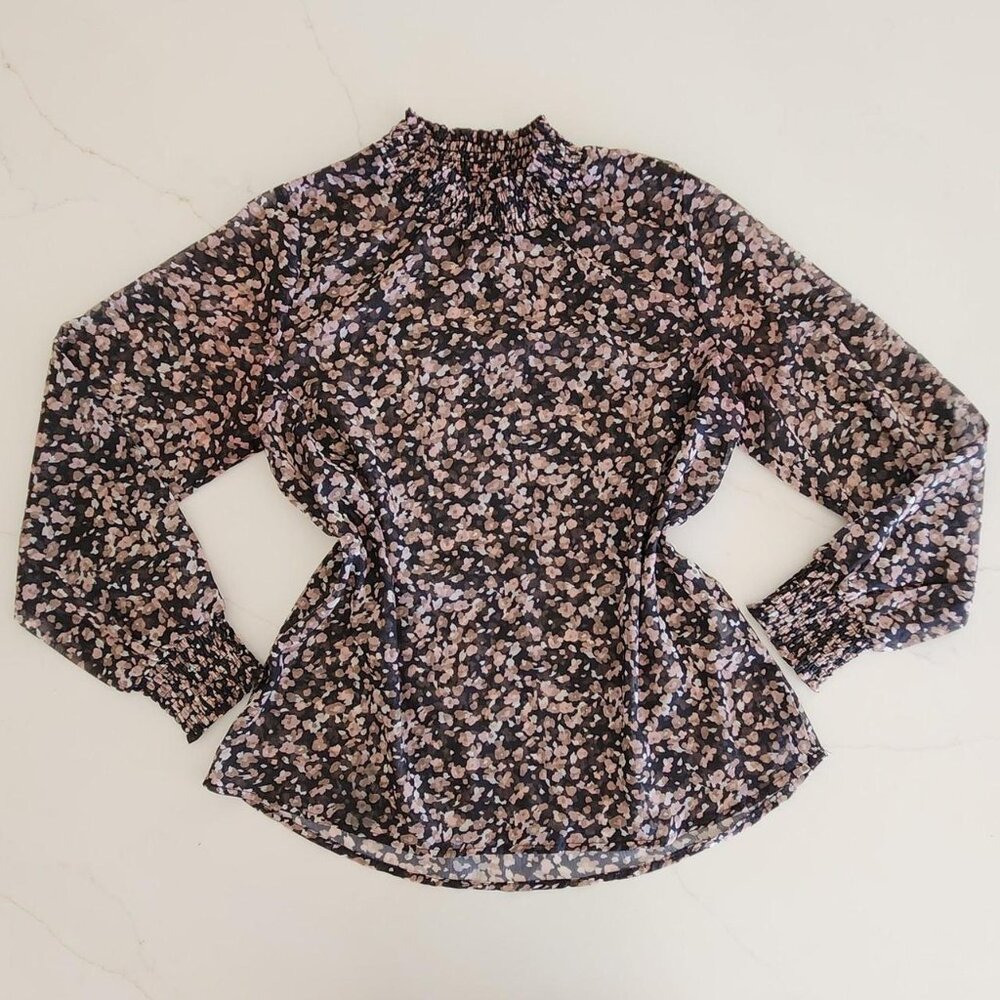 Hayden Floral Mock Sz L Mock Neck Chiffon Blouse Sheer AOP Preppy Romantic Top
